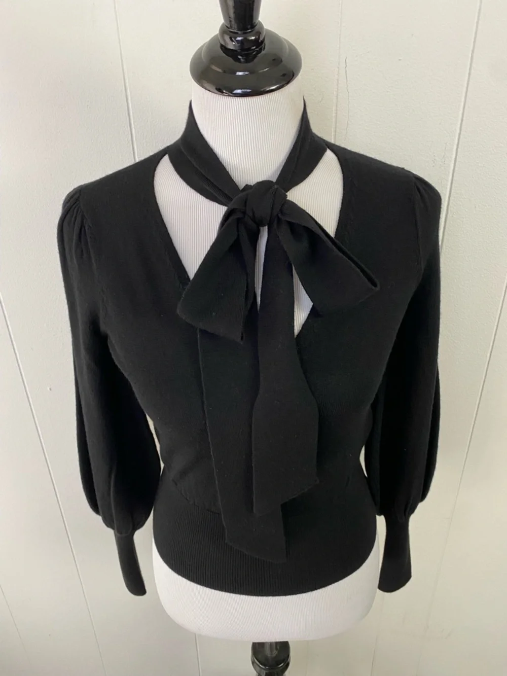 Zimmermann Black 100% Wool Sweater Puff‎ Sleeve Scoop Tie Neck Size 0P Elegant